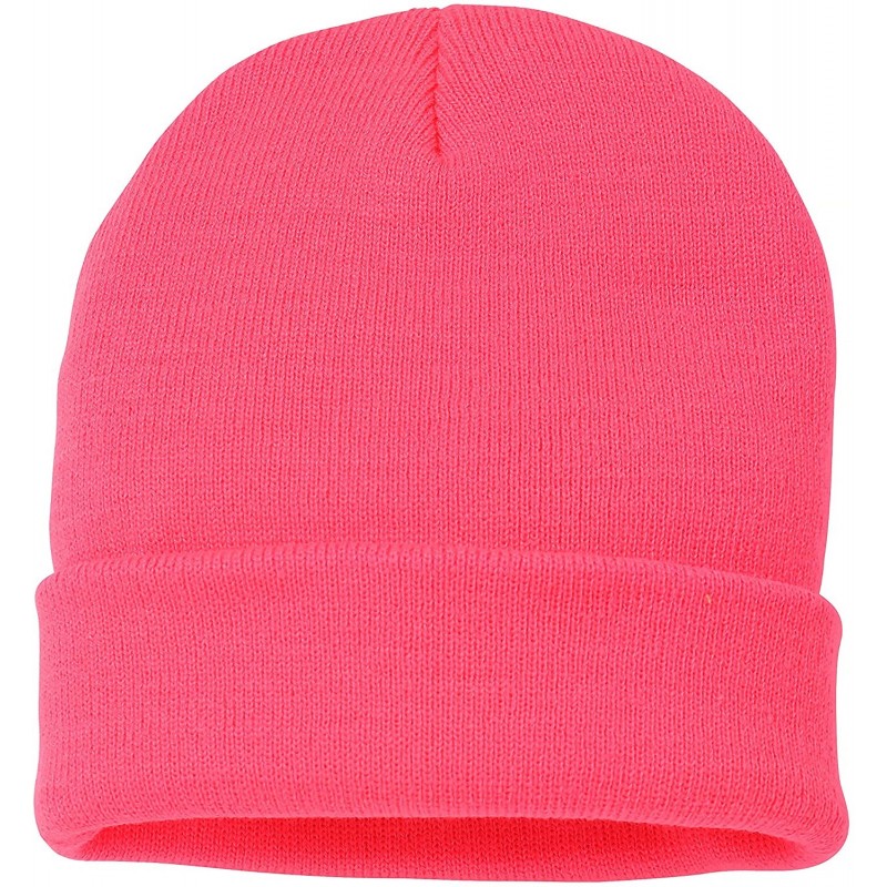 Soft-Knit Turn Up Beanie Hat - Slouchy Beanie Hat - Neon Pink - CK12LLFKJNH