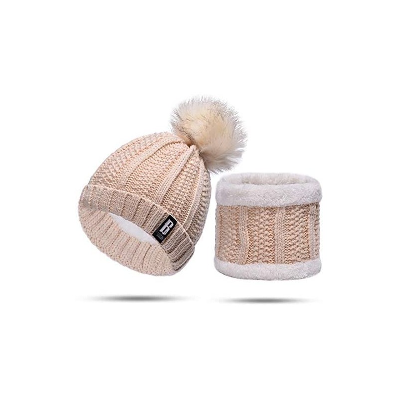 Skullies & Beanies Women Winter Knit Slouchy Beanie Chunky Baggy Hat with Faux Fur Pompom Soft Warm Ski Cap and Scarf - Beige...