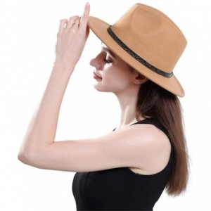 Fedoras Men & Women's Wide Brim Fedora Hat with Band Unisex Felt Panama Cap - Khaki - CO18LDYYUX9 $14.46
