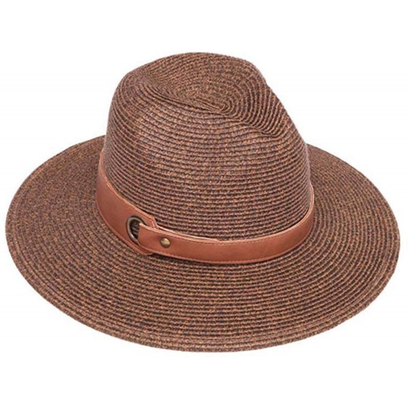 Sun Hats Womens Striped Straw Fedora Sun Hat w/Band - Brown - CJ12I3TFFZB $22.53