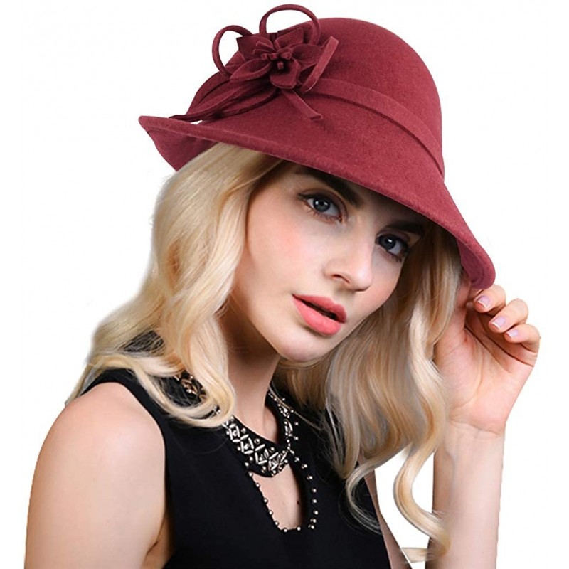 Women Solid Color Winter Hat 100 Wool Cloche Bucket With Bow Accent Style2 Burgundy Cy189tratlq